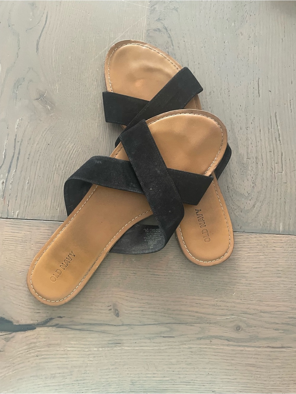 Old Navy Black and Tan Crossband Slide Sandals